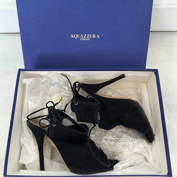 Aquazzura Sexy Thing 105 Cutout Peep Toe Sandals Sz 36 Black Suede Back Ties - Picture 6 of 13